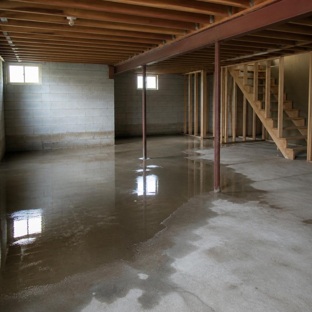 Water pooling across a basement floor