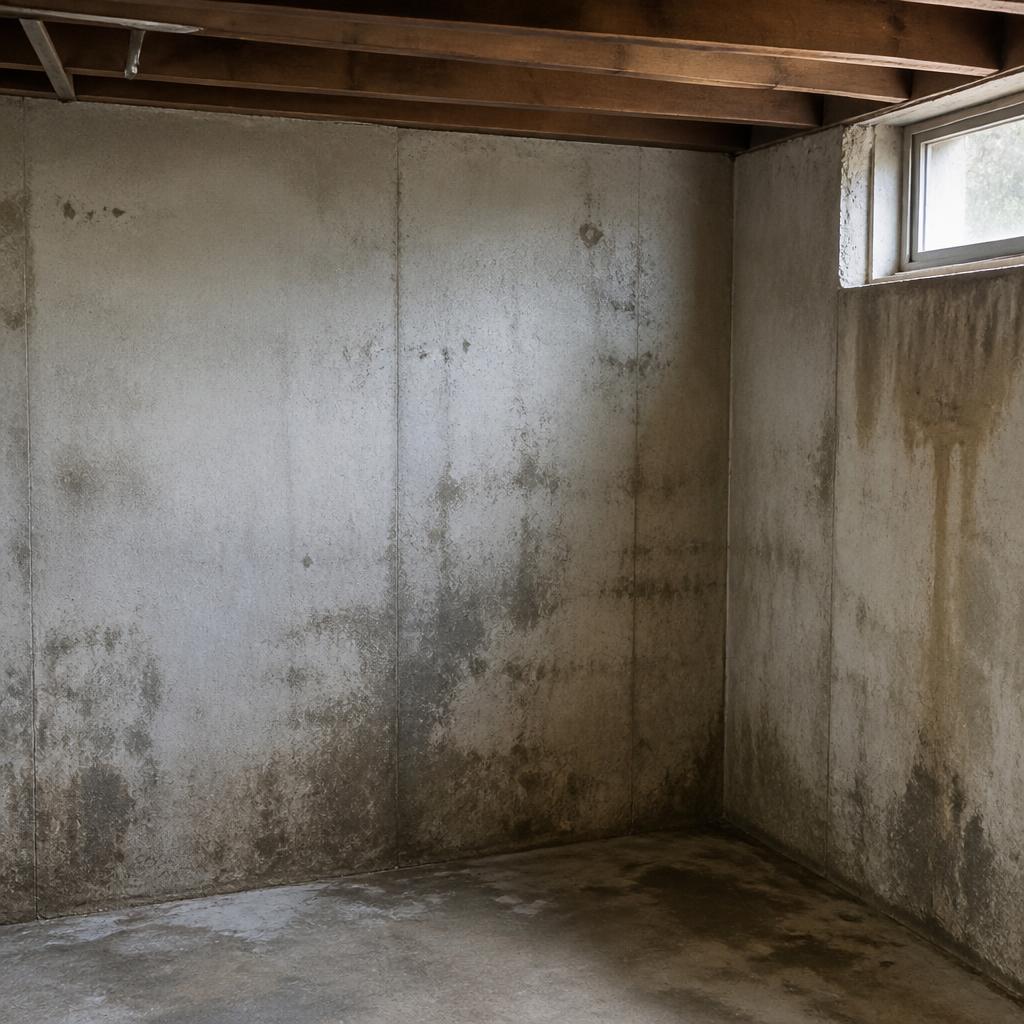 Damp, discolored basement wall with signs of mildew