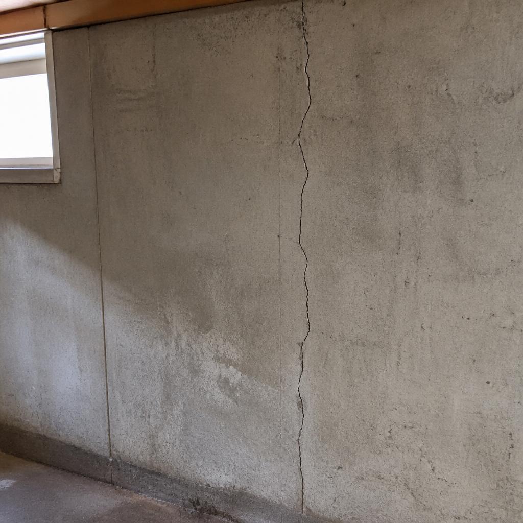 Vertical crack in a poured concrete foundation wall